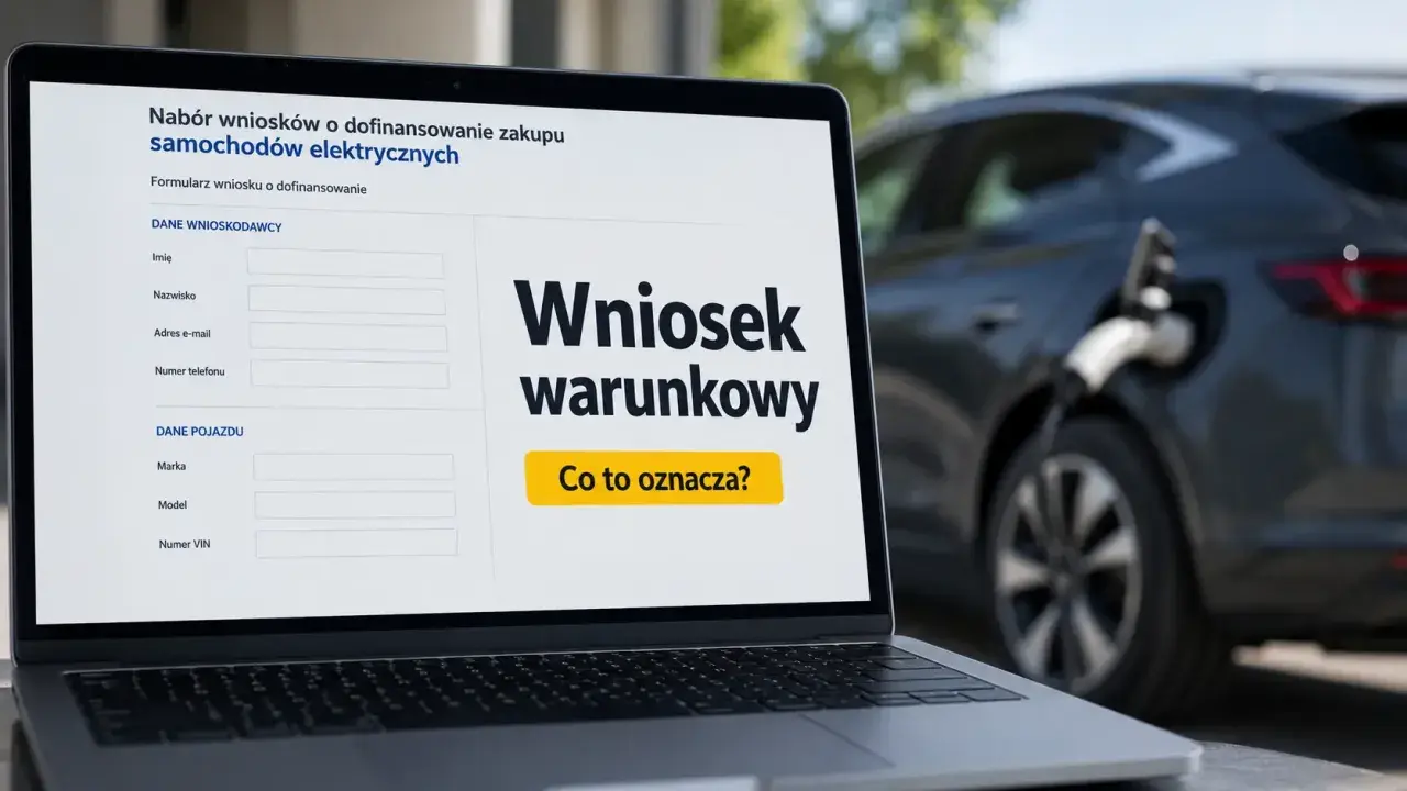 Formularz wniosku o dofinansowanie zakupu samochodu elektrycznego na laptopie. W tle ładowany samochód elektryczny.