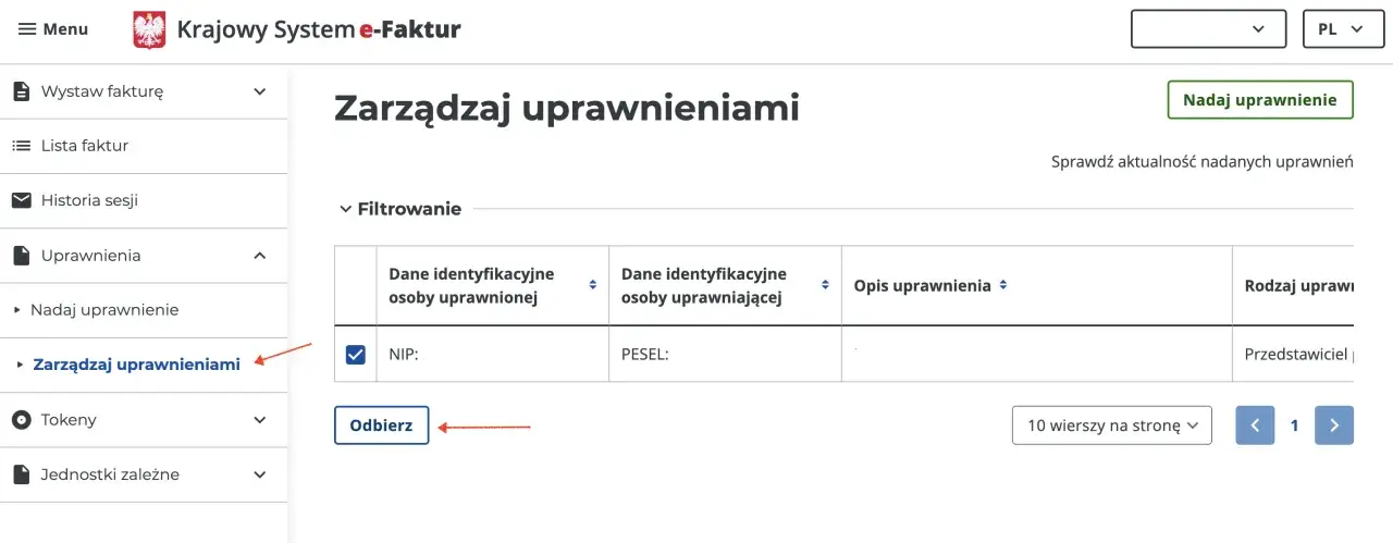 Widok formularza zaw-fa do zarządzania uprawnieniami. Można tu odebrać lub nadać uprawnienia, a także przeglądać listę faktur.