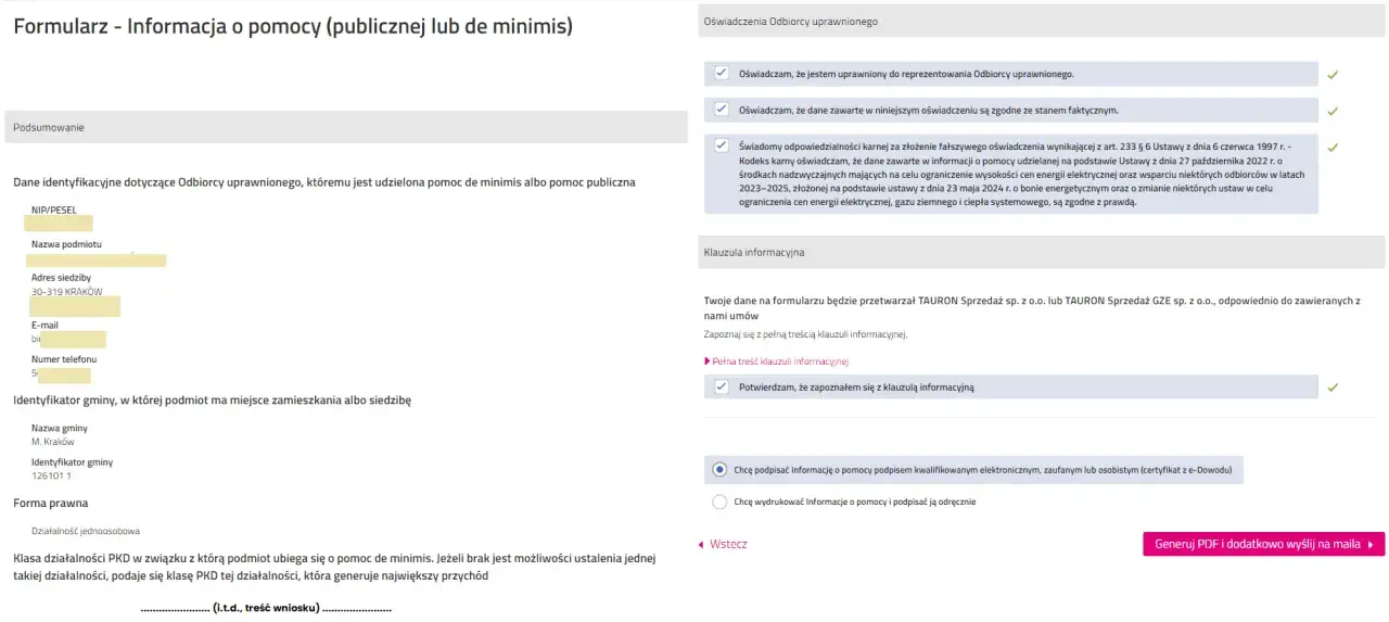 Formularz informacji o pomocy de minimis, dane identyfikacyjne odbiorcy, oświadczenia i klauzula informacyjna.