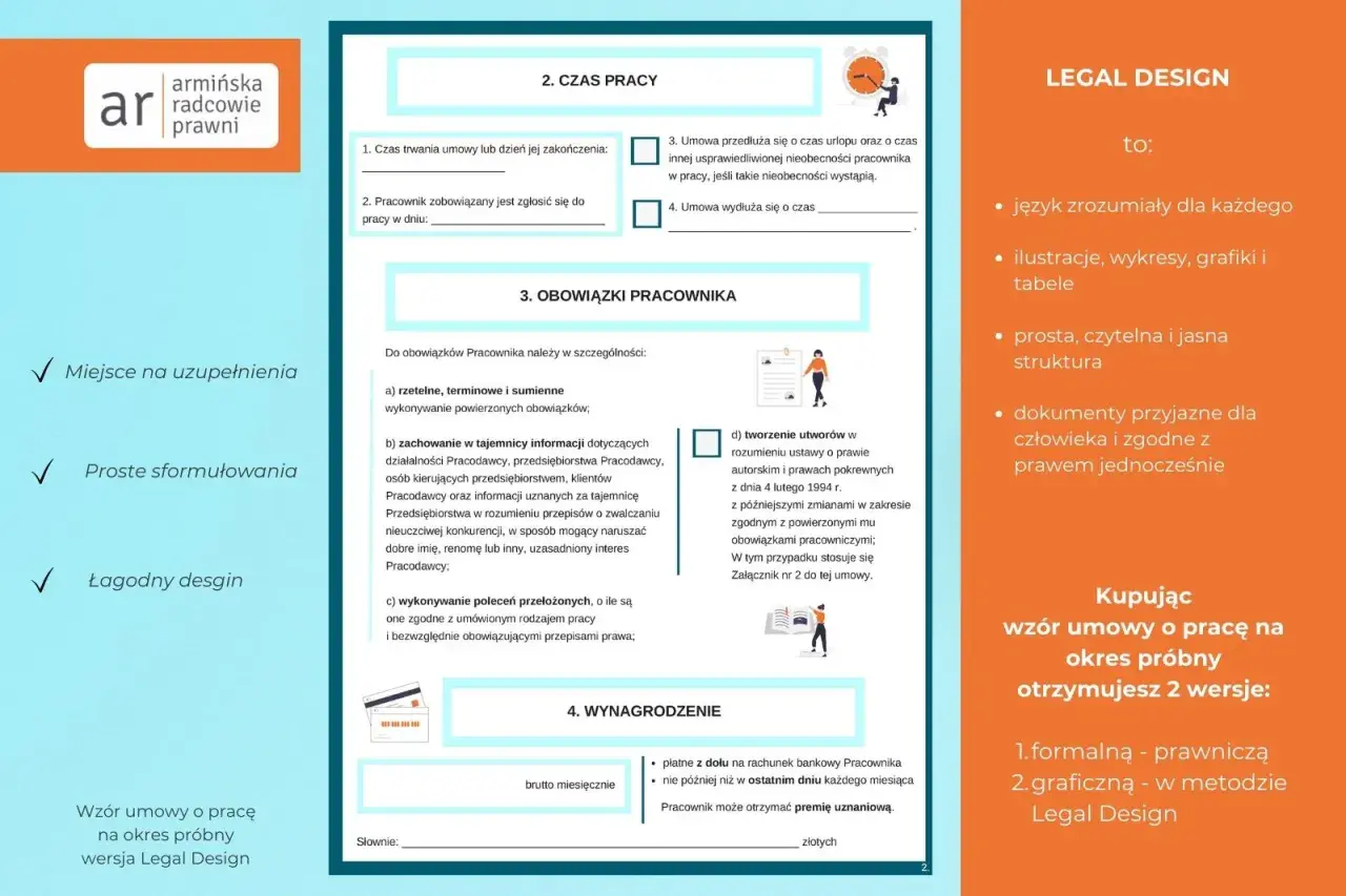Wzór umowy o pracę na okres próbny w wersji Legal Design. Dokument zawiera sekcje dotyczące czasu pracy, obowiązków pracownika i wynagrodzenia.
