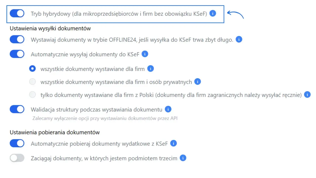 Ustawienia wysyłki dokumentów: tryb hybrydowy, automatyczne wysyłanie do KSeF, walidacja struktury. Co to jest KSeF? To Krajowy System e-Faktur.