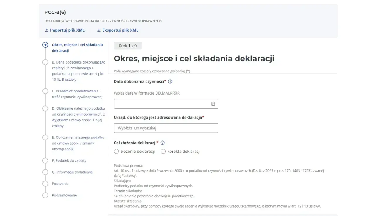Formularz PCC-3 pdf do wypełnienia: Okres, miejsce i cel składania deklaracji. Wpisz datę, wybierz urząd i cel złożenia.