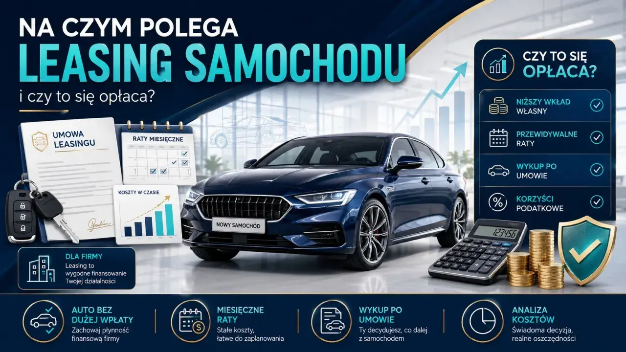 Leasing konsumencki samochodu: umowa, raty, koszty, korzyści podatkowe. Nowy samochód, kalkulator, monety i wykresy.