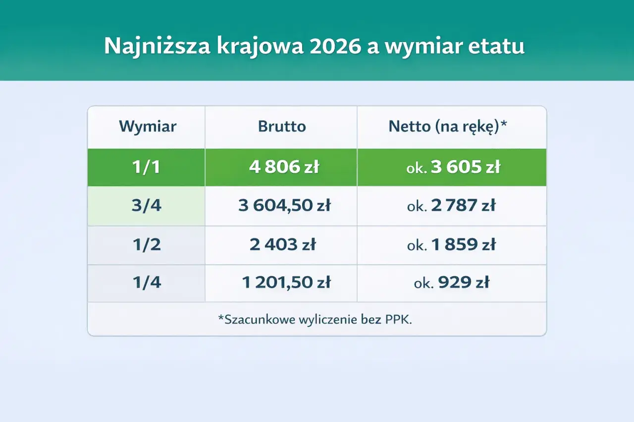 Tabela porównuje najniższą krajową 2026 z wymiarem etatu: 1/1 to 4806 zł brutto, 3/4 to 3604,50 zł, 1/2 to 2403 zł, 1/4 to 1201,50 zł.