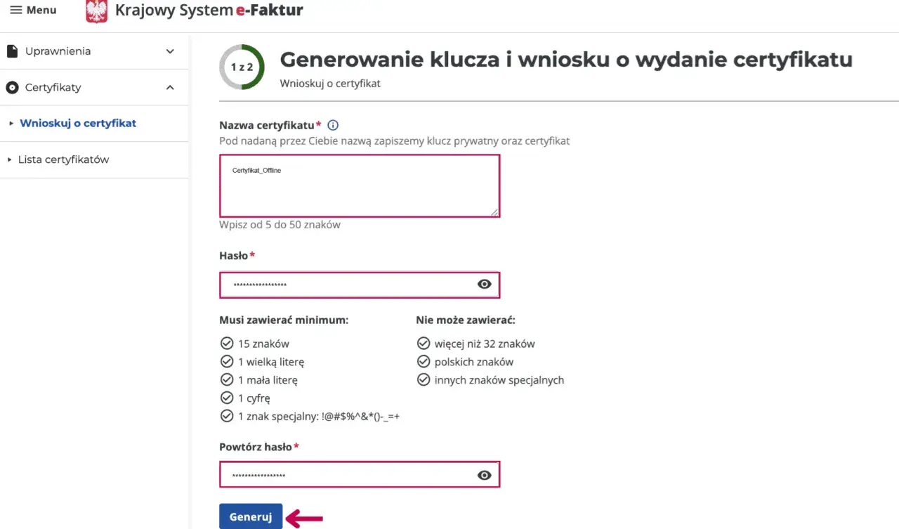 Formularz wniosku o certyfikat KSeF: nazwa, hasło i powtórzone hasło.