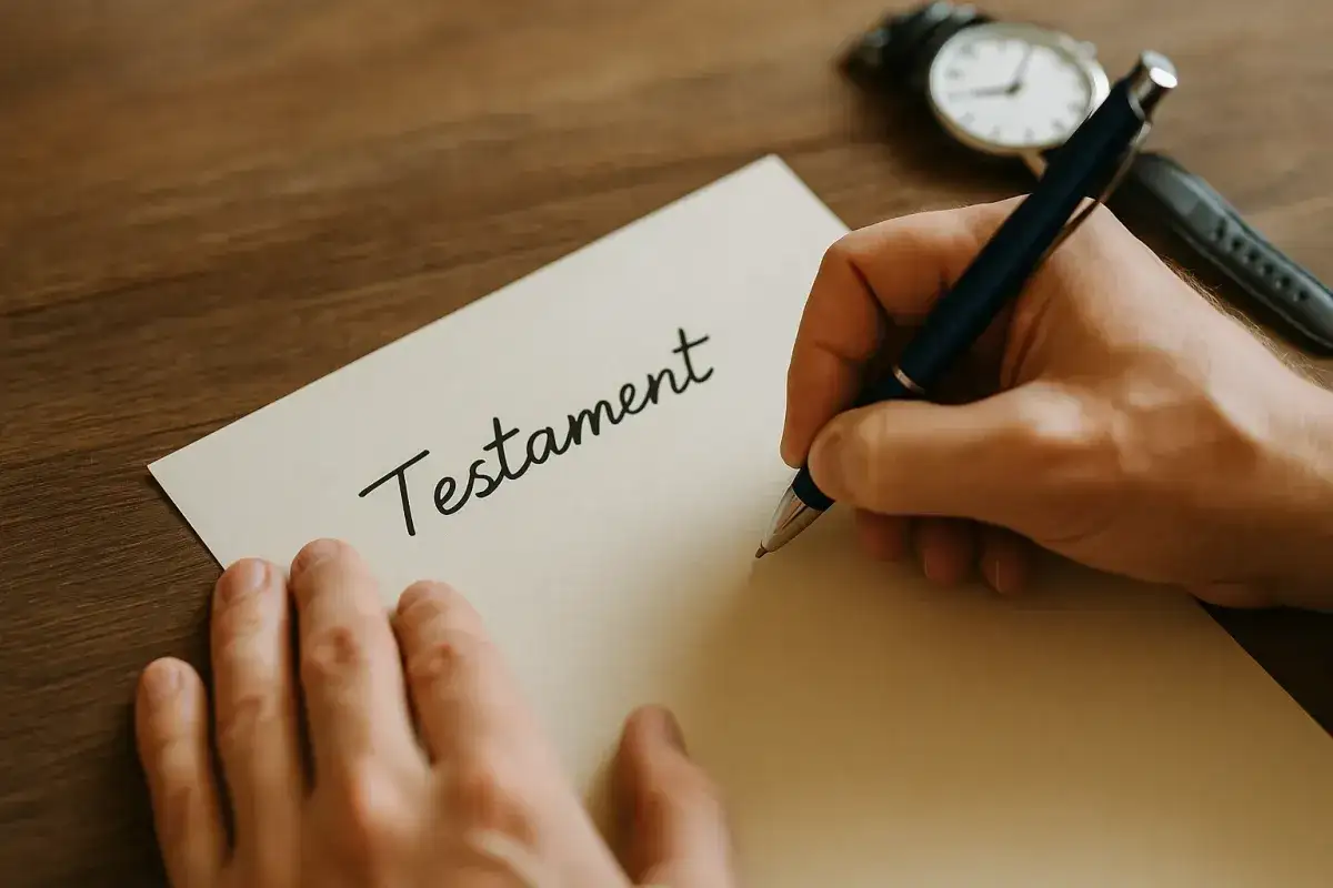 Ręka pisze długopisem słowo "Testament" na kartce. Obok leży zegarek.