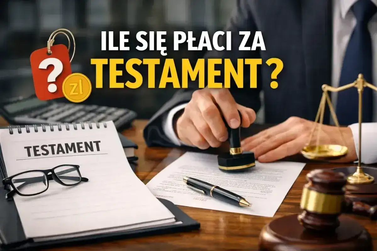 Ile kosztuje testament u notariusza? Na stole notarialnym dokument, pieczęć, waga sprawiedliwości i młotek.