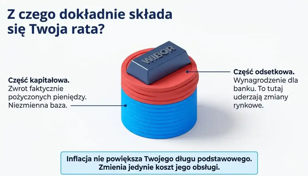 WIBOR na szczycie stosu monet symbolizuje część odsetkową raty kredytu, a nie europejski bank centralny.