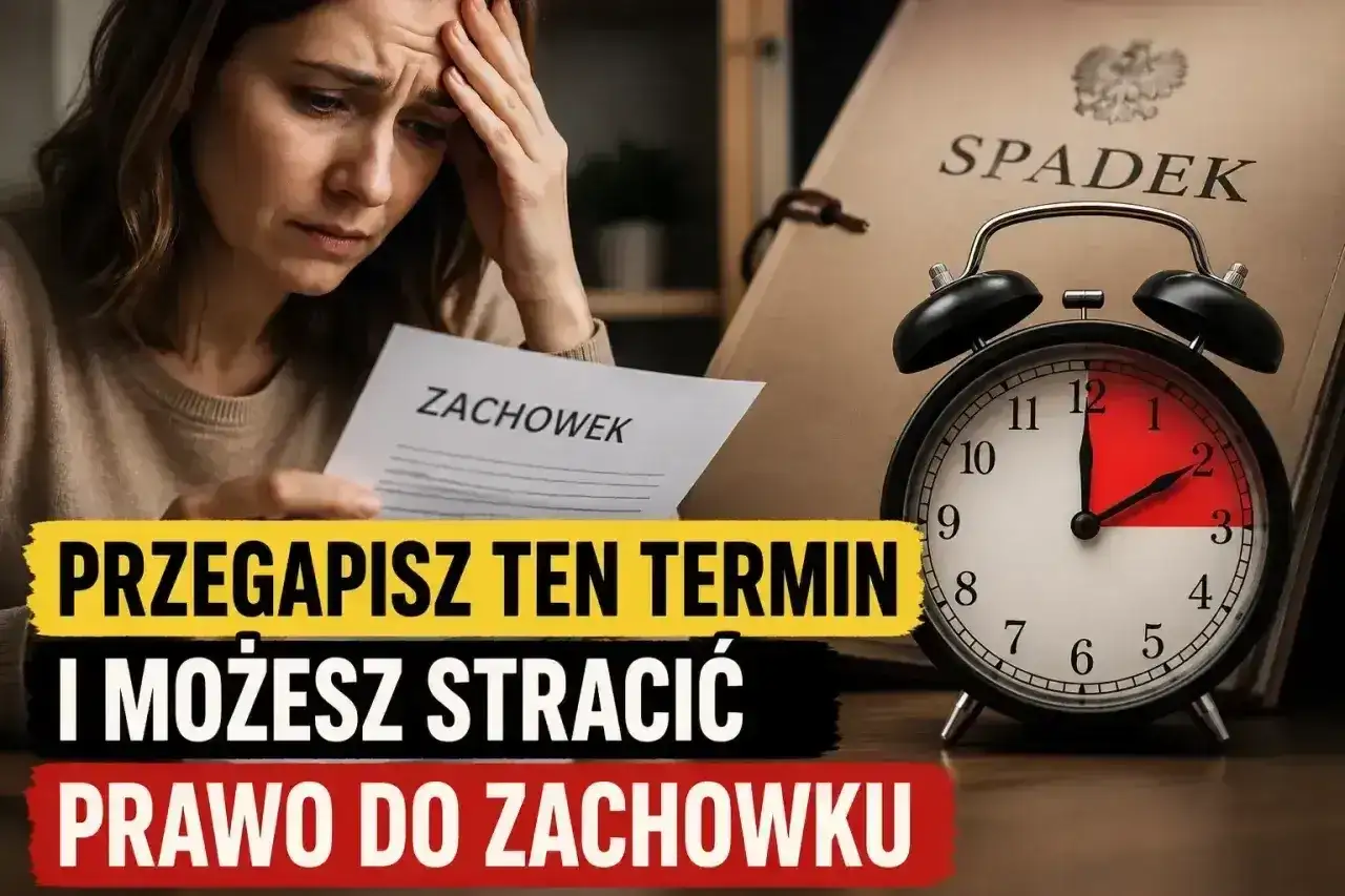 Zmartwiona kobieta trzyma dokument "Zachowek". Obok budzik i teczka "Spadek". Uważaj na przedawnienie, by nie stracić prawa do zachowku.