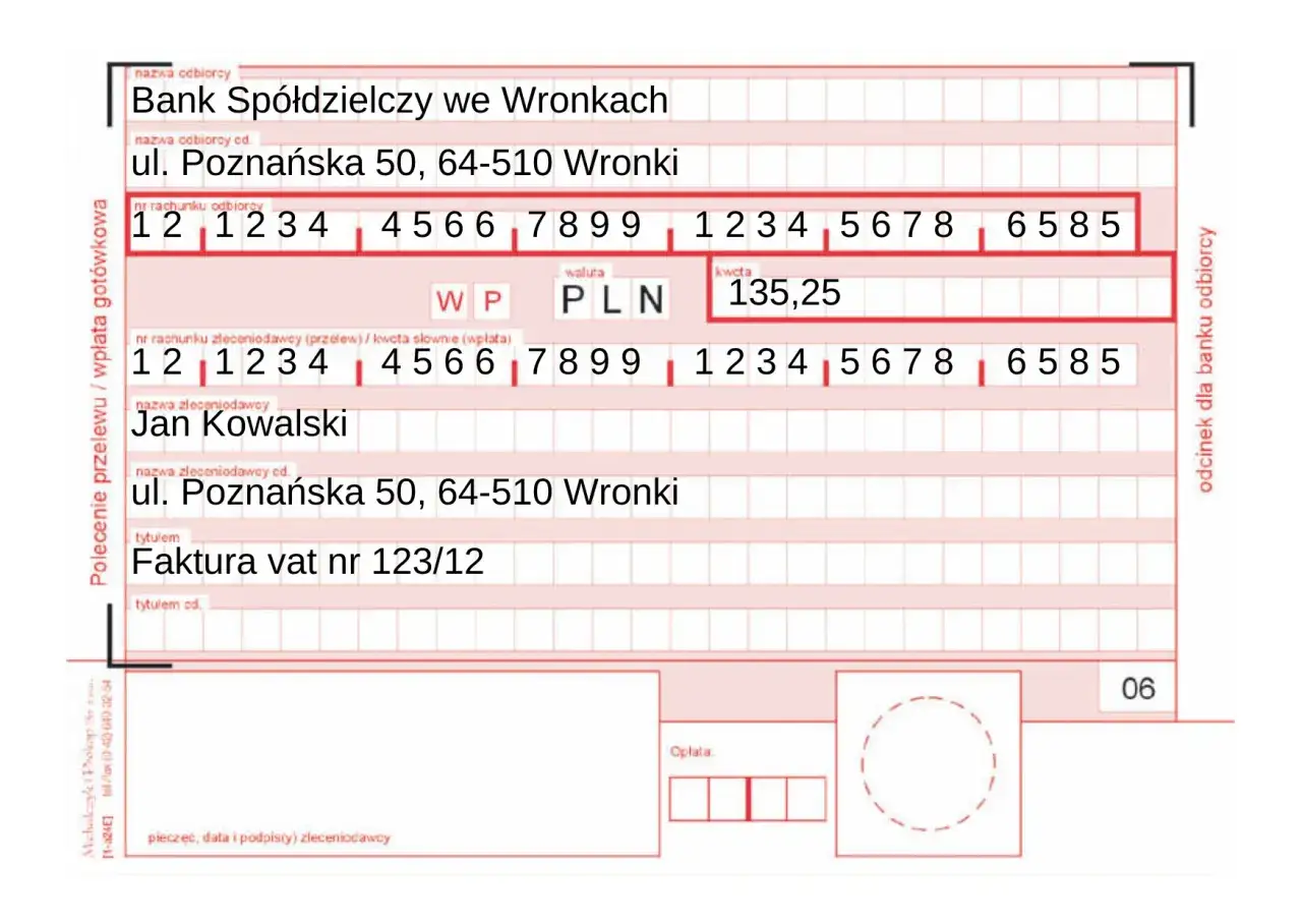Przelew na kwotę 135,25 PLN do Banku Spółdzielczego we Wronkach, ul. Poznańska 50. Jak wpłacić pieniądze na konto?