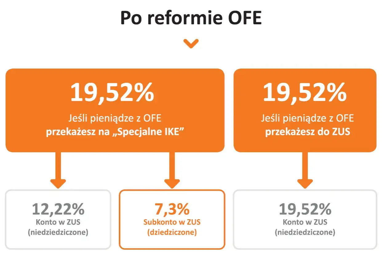 Po reformie OFE: 19,52% z OFE na IKE, 19,52% z OFE do ZUS. Co to? Zobacz, co się dzieje z pieniędzmi.