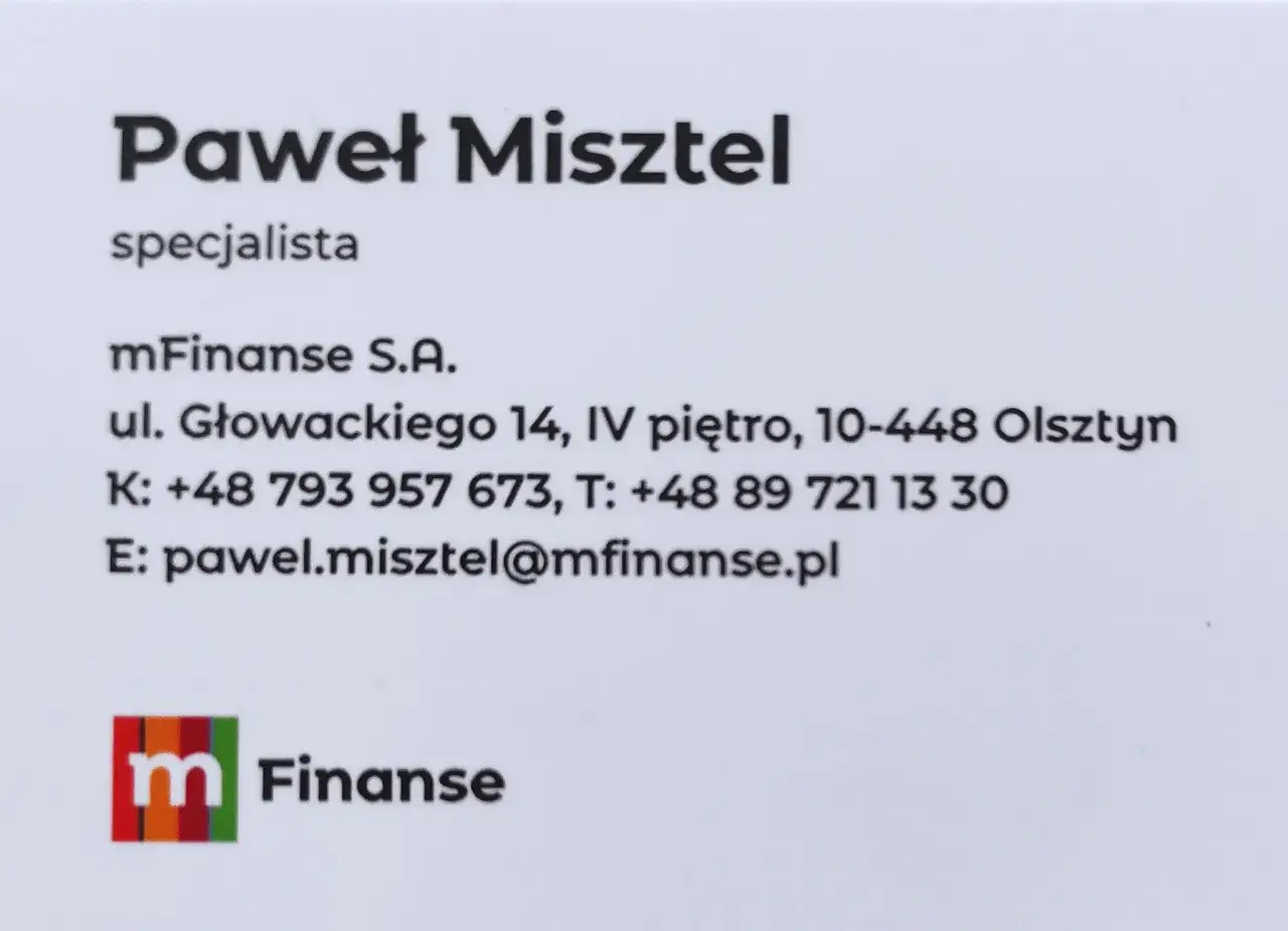 Wizytówka Pawła Misztela, specjalisty mFinanse S.A. z Olsztyna.