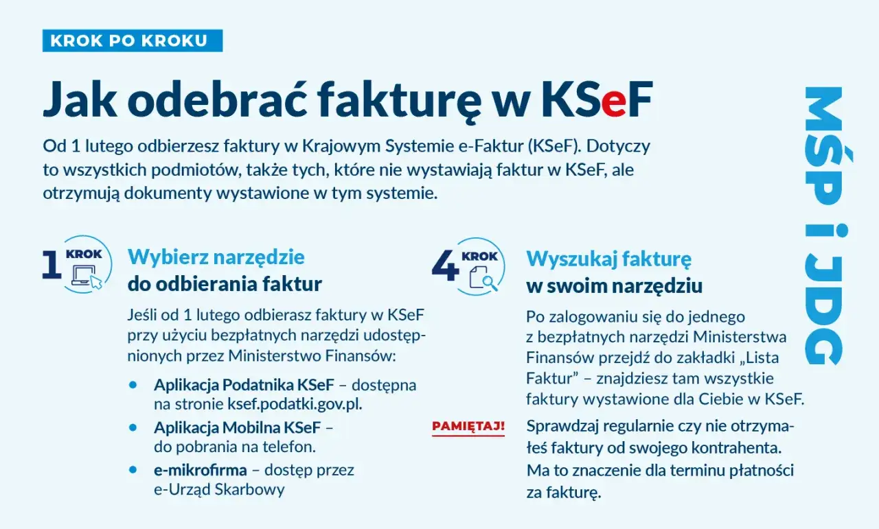 Instrukcja krok po kroku: Jak odebrać fakturę w KSeF. Wybierz narzędzie, wyszukaj fakturę. Pamiętaj o sprawdzaniu faktur.