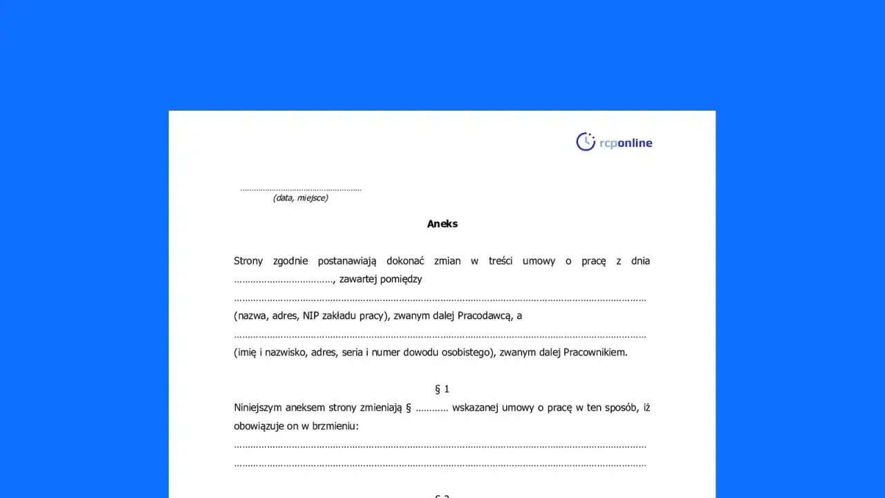 Aneks do umowy o pracę, który stanowi wypowiedzenie zmieniające. Dokument zawiera dane pracodawcy i pracownika oraz treść zmian.