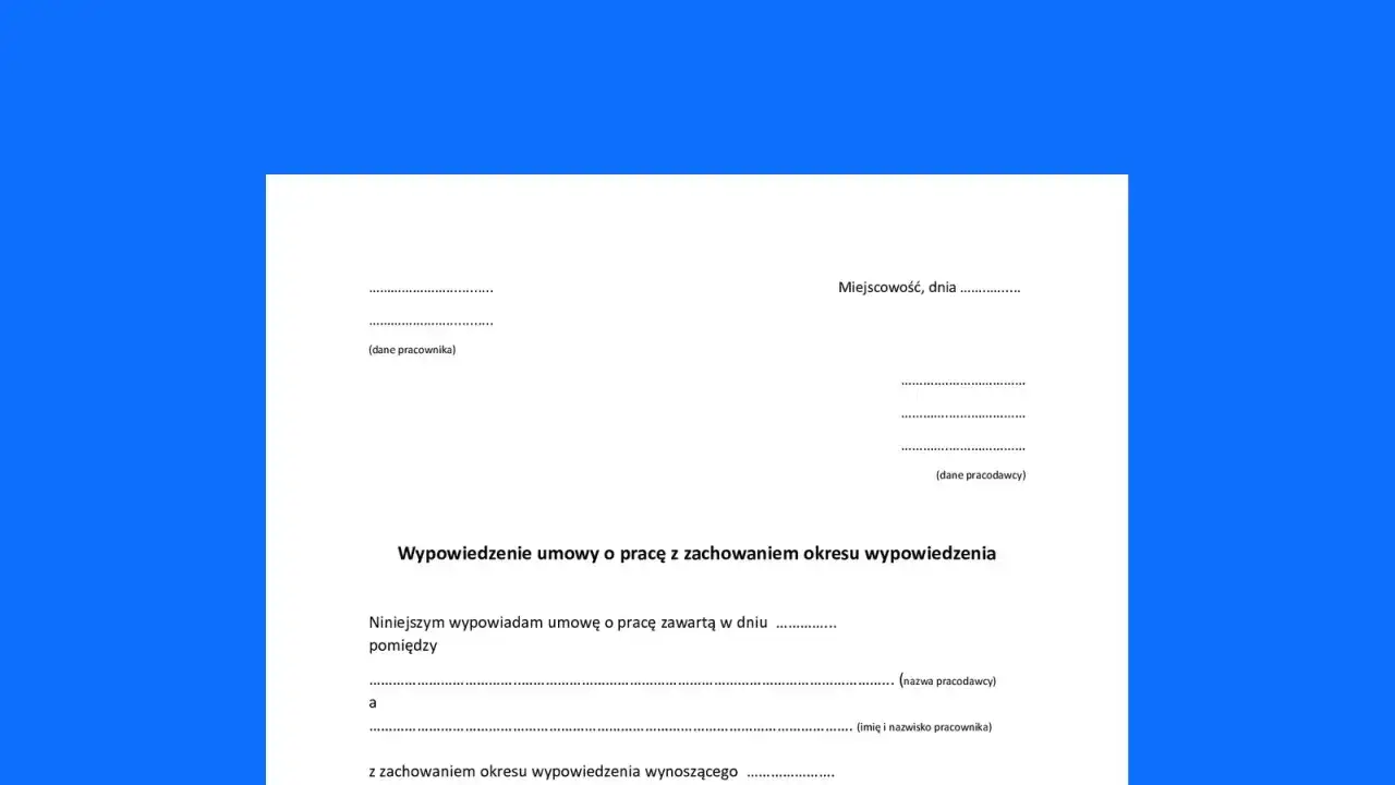 Wypowiedzenie umowy o pracę na czas nieokreślony. Dokument zawiera dane pracownika i pracodawcy, datę zawarcia umowy oraz okres wypowiedzenia.