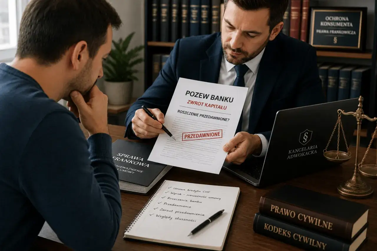 Prawnik omawia z klientem pozew bankowy dotyczący zwrotu kapitału i przedawnienia roszczeń w sprawie kredytów frankowych.