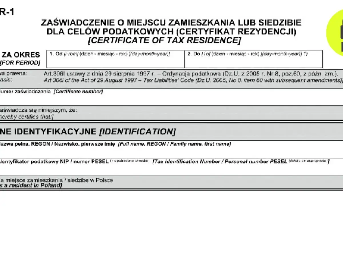 Zaświadczenie o rezydencji podatkowej, potwierdzające status rezydenta podatkowego w Polsce.