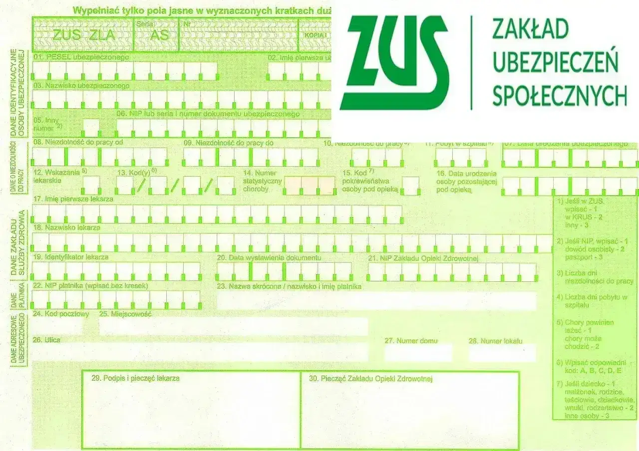 Formularz ZUS ZLA, który wypełnia się, gdy ktoś choruje. Określa, kto płaci za L4 i kto jest ubezpieczony.