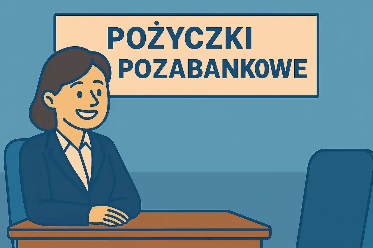 Uśmiechnięta kobieta w garniturze siedzi przy biurku. Nad nią napis 