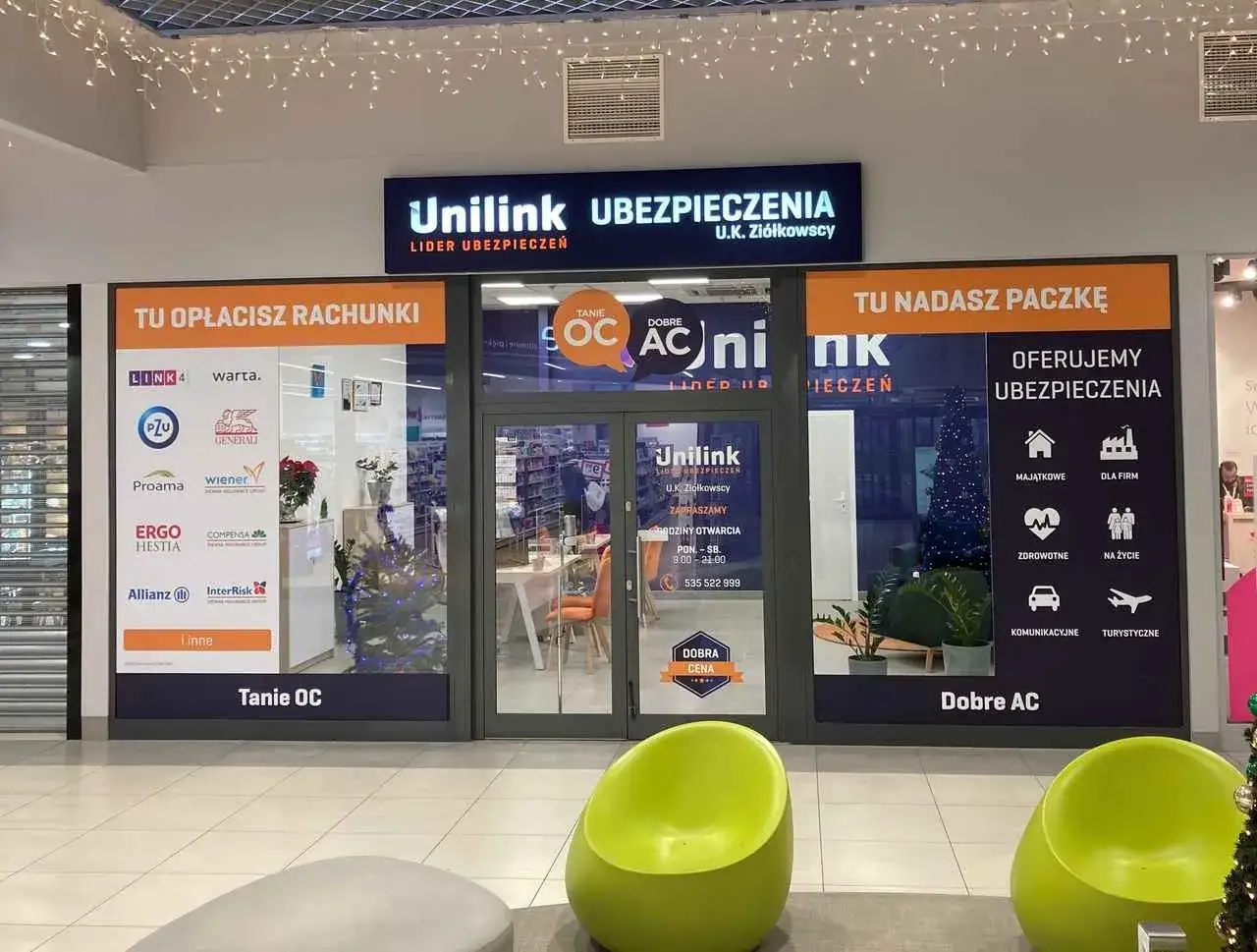 Witryna biura ubezpieczeniowego Unilink z logotypami różnych towarzystw ubezpieczeniowych.