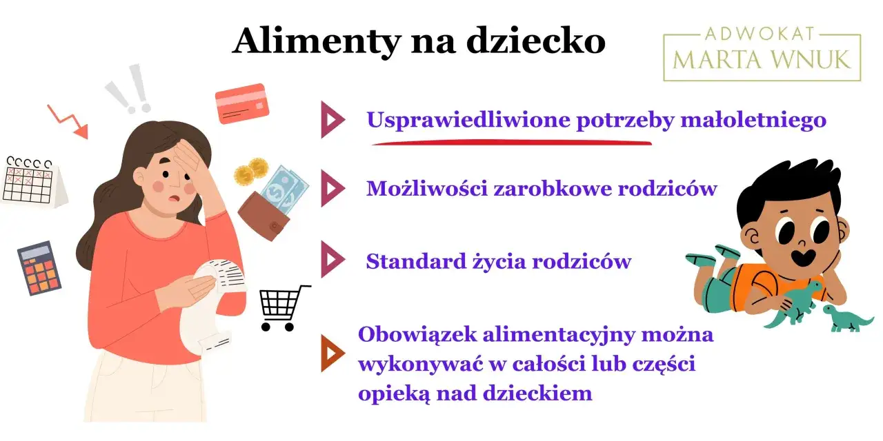 Ilustracja przedstawia stresującą kobietę z rachunkiem, symbolizującą trudności finansowe przy składaniu wniosku o alimenty na dziecko.