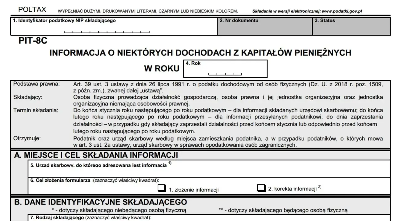 Formularz PIT-8C, informacja o dochodach z kapitałów pieniężnych w roku podatkowym.