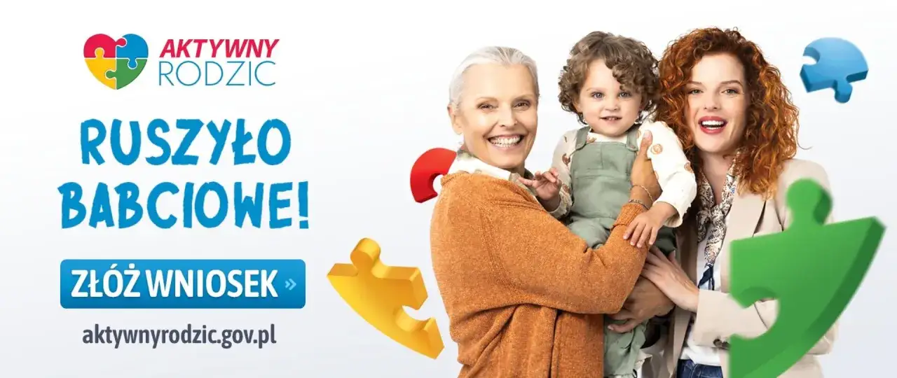 Aktywnie w domu dla kogo? Uśmiechnięta babcia, mama i dziecko. Złóż wniosek na aktywyrodzic.gov.pl.