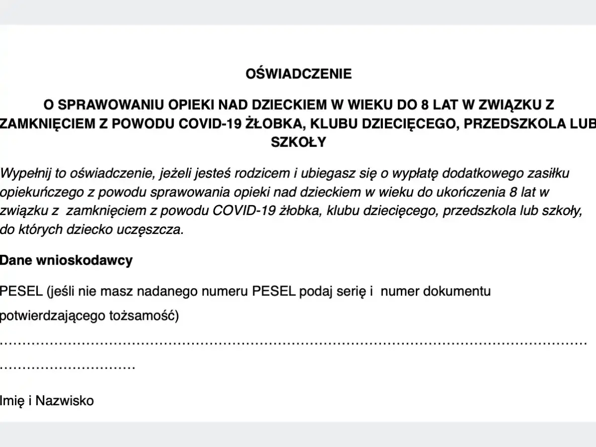 Oświadczenie o sprawowaniu opieki nad dzieckiem do 8 lat z powodu COVID-19. Wniosek Z15A do wypełnienia przez rodzica ubiegającego się o zasiłek.