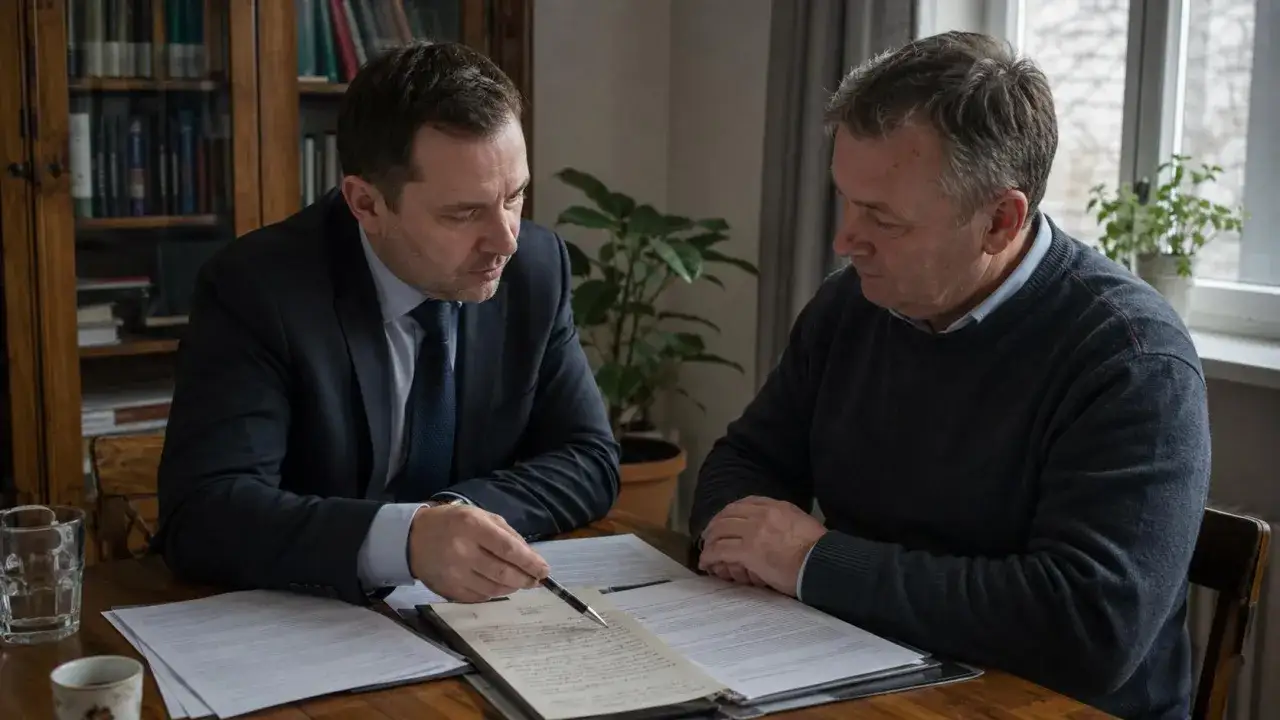 Prawnik omawia testament z seniorem.