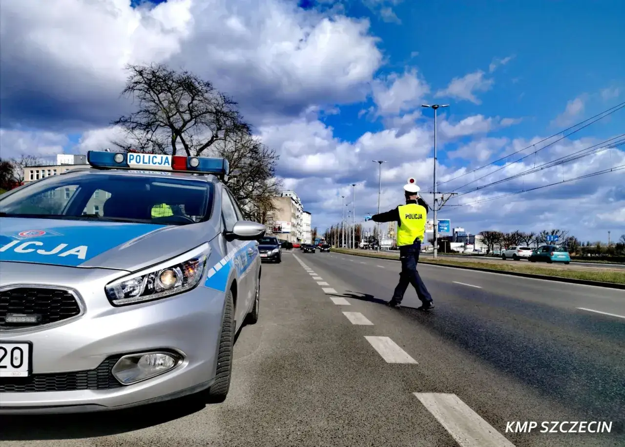 Policjant kieruje ruchem, kontrolując pojazdy. Może to być kontrola dokumentów, w tym przeglądu, a w przypadku jego braku, wystawienie mandatu.