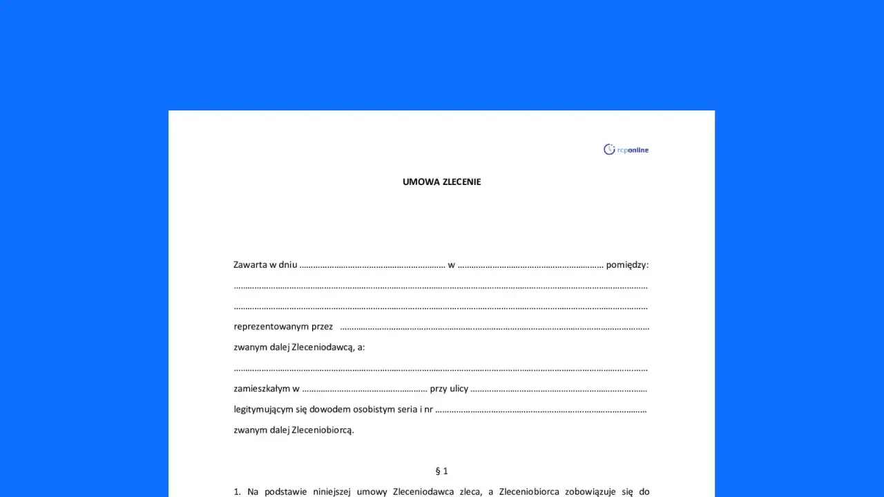 Umowa zlecenie do stażu pracy. Dokument zawiera dane zleceniodawcy i zleceniobiorcy, miejsce i datę zawarcia umowy.