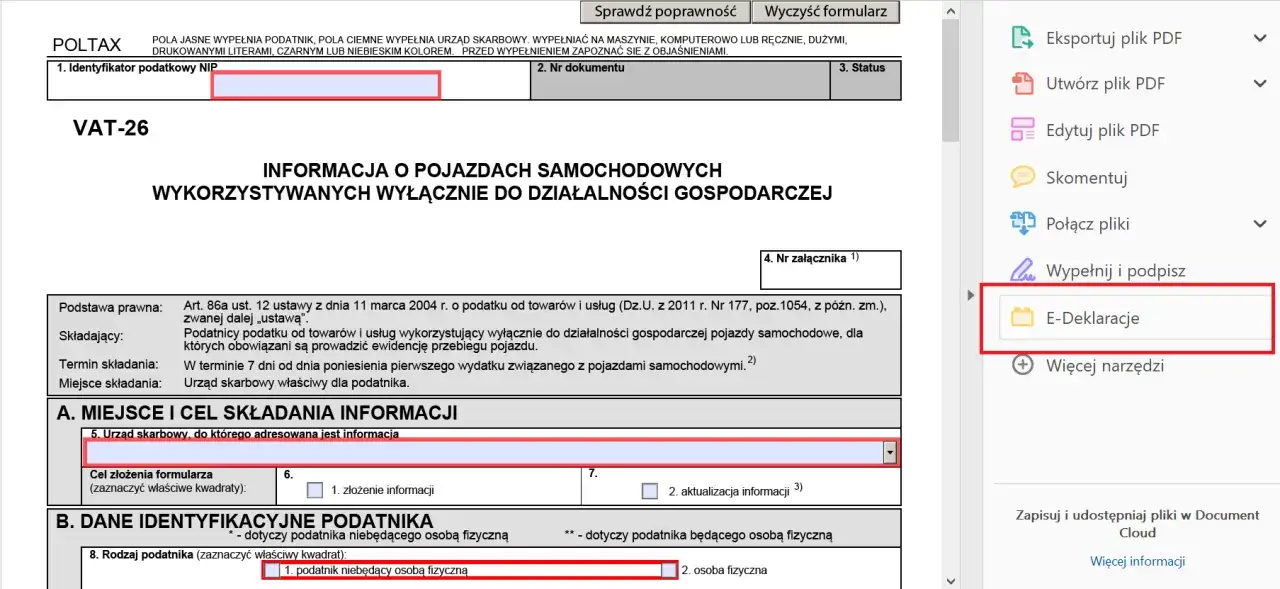 Formularz VAT-26, informacja o pojazdach samochodowych wykorzystywanych wyłącznie do działalności gospodarczej. W panelu po prawej widoczna opcja 