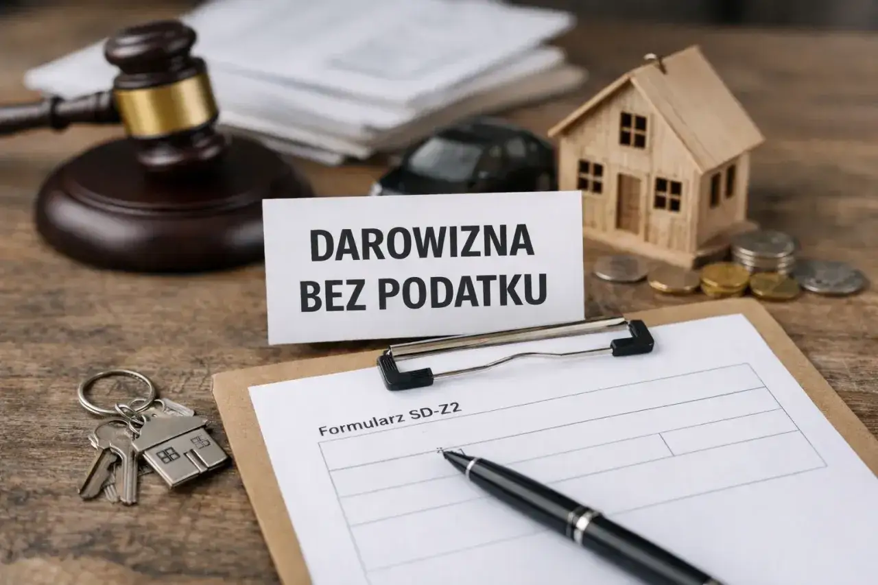 Kiedy nie trzeba zgłaszać darowizny do urzędu skarbowego: młotek sędziowski, klucze do domu, model domu, monety i formularz SD-Z2.
