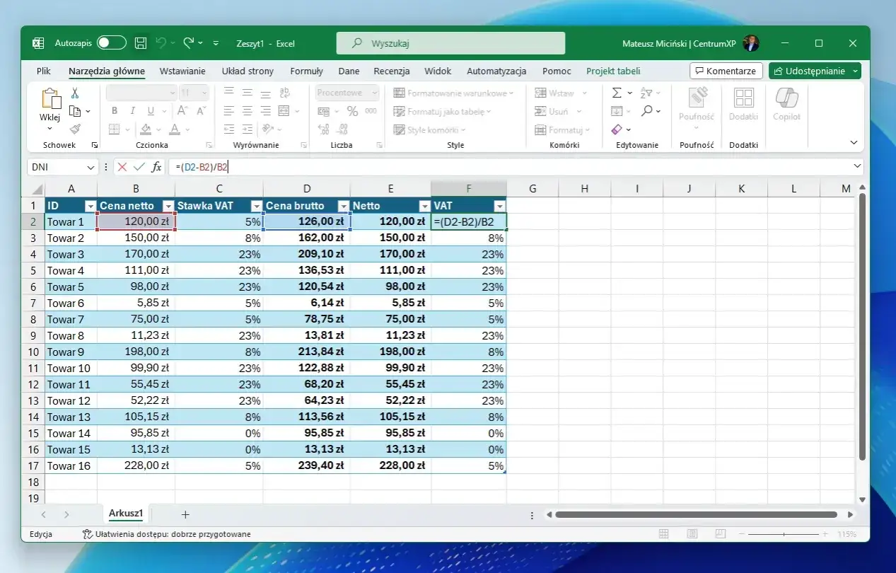 Excel pokazuje, jak obliczyć podatek dochodowy wzór: VAT = (Cena brutto - Cena netto) / Cena netto.
