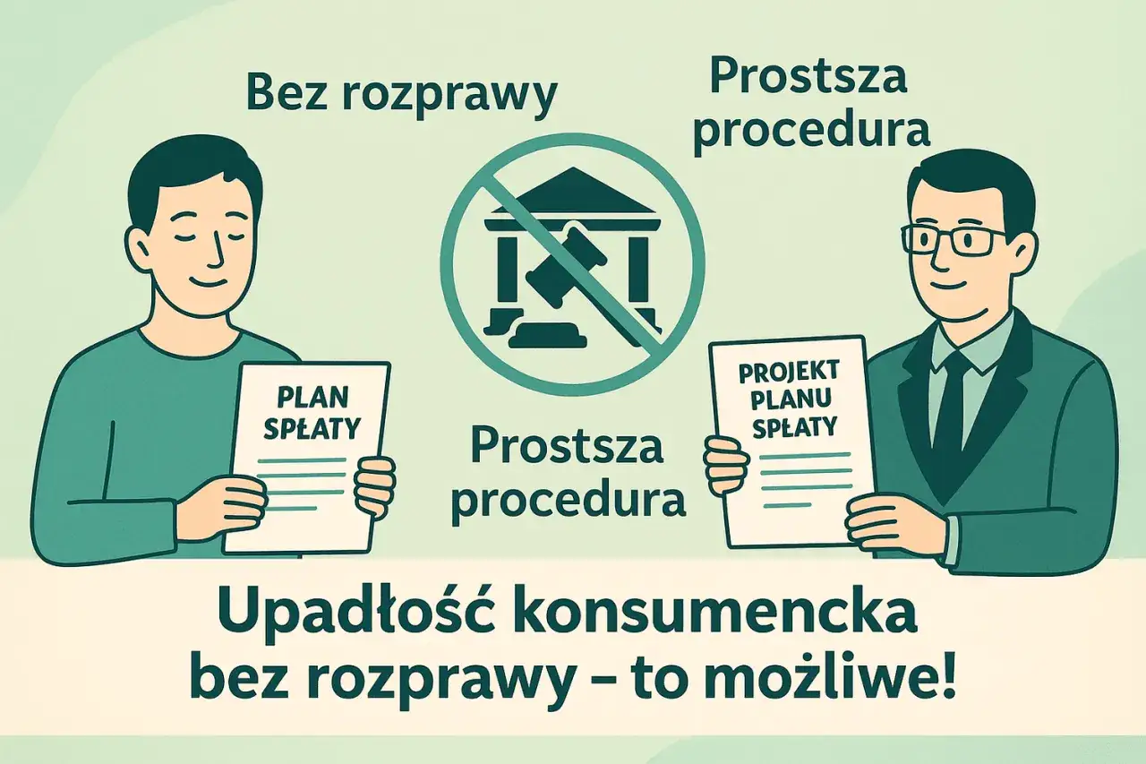 Dwaj mężczyźni prezentują plany spłaty. Jeden bez rozprawy, drugi z projektem planu. Upadłość konsumencka bez rozprawy to prostsza procedura.