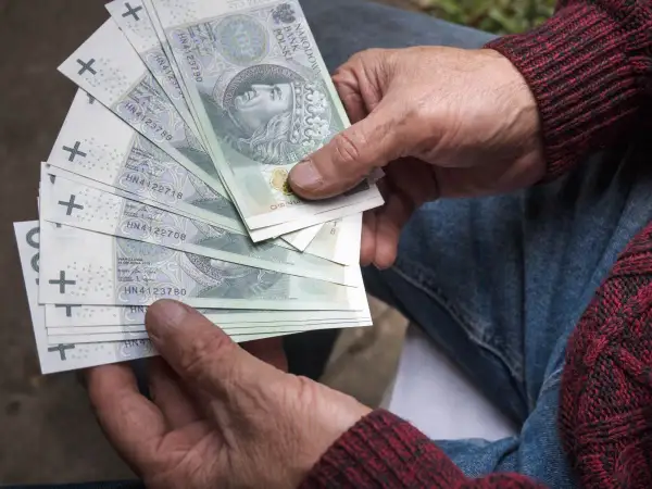 Ręce trzymające polskie banknoty. Zastanawiasz się, jaka emerytura przy zarobkach 7000 brutto?