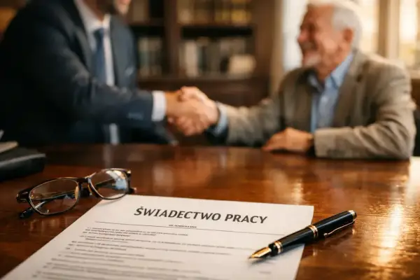 Uścisk dłoni po udanej odprawie emerytalnej. Na stole dokument "Świadectwo pracy", okulary i pióro.
