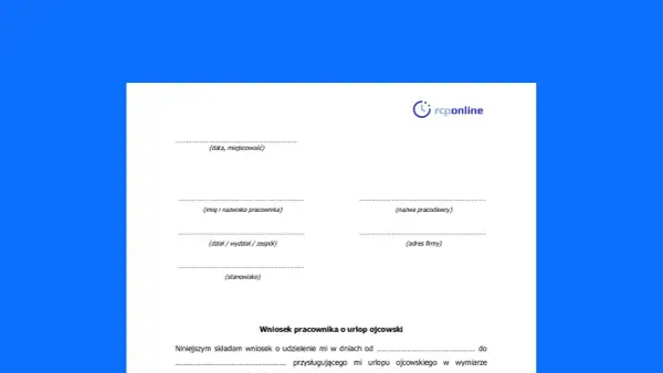 Wniosek o urlop ojcowski, czyli okolicznościowy urlop z powodu urodzenia dziecka. Formularz do wypełnienia przez pracownika.