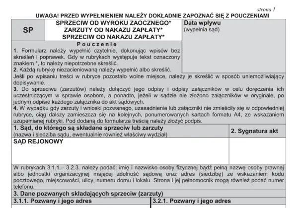 Formularz sprzeciwu od nakazu zapłaty lub wyroku zaocznego. Instrukcja wypełniania i dane sądu.