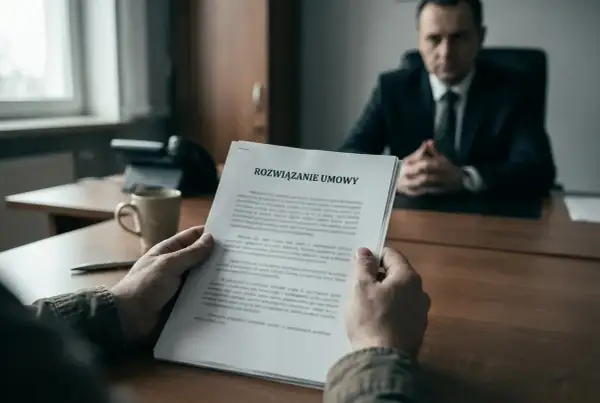 Rozwiązywanie umowy, art. 30 kp. Mężczyzna w garniturze siedzi przy biurku, trzymając dokument.