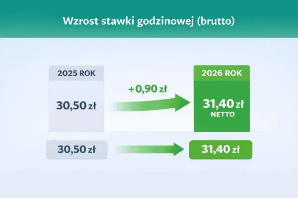 Wzrost stawki godzinowej brutto z 30,50 zł w 2025 r. do 31,40 zł w 2026 r. Umowa zlecenie z nową stawką.