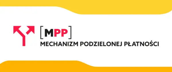 Symbol rozchodzących się strzałek i napis [MPP] MECHANIZM PODZIELONEJ PŁATNOŚCI. Dowiedz się, od jakiej kwoty obowiązuje.