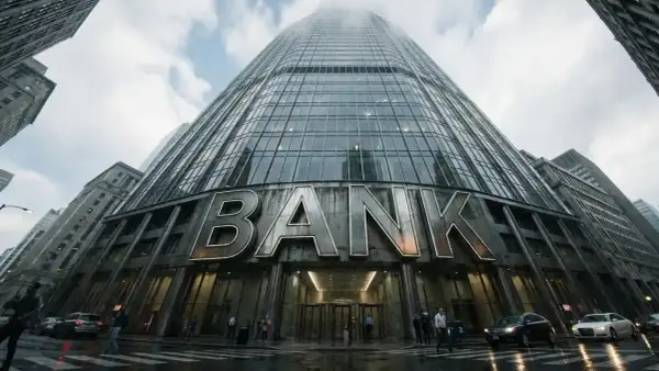 Imponujący budynek banku z napisem "BANK". Czy to tutaj płaci się podatek od przelewu od znajomego?