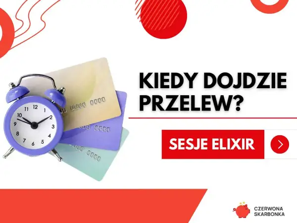 Budzik i karty płatnicze symbolizują czas oczekiwania na przelew. Santander księgowanie sesji Elixir.