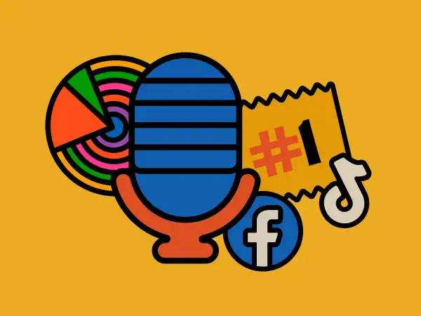 Mikroprzedsiębiorca buduje swoją markę: mikrofon, wykresy, #1, Facebook i TikTok.