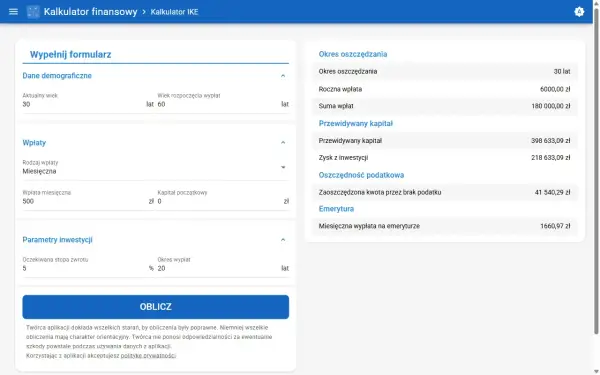 Kalkulator IKE pokazuje, że przy wpłacie 500 zł miesięcznie, zysku 5% rocznie i 30 latach oszczędzania, przewidywany kapitał wyniesie ponad 398 tys. zł.