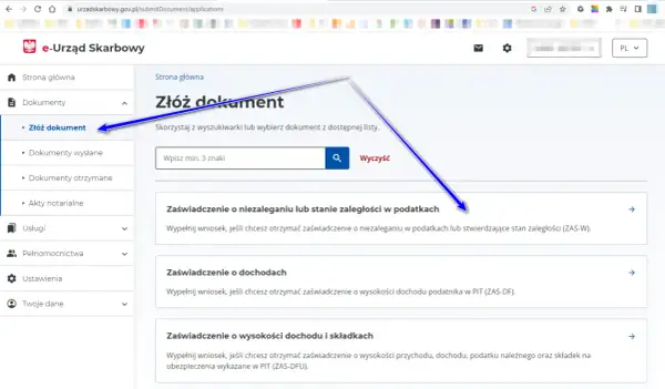 W e-Urzędzie Skarbowym wybierz "Złóż dokument", aby uzyskać zaświadczenie o niezaleganiu z podatkami.