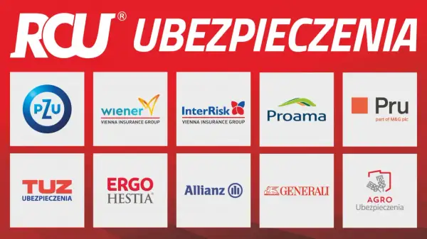Logotypy agencji ubezpieczeniowych: PZU, Wiener, InterRisk, Proama, Pru, TUZ, Ergo Hestia, Allianz, Generali, Agro Ubezpieczenia.