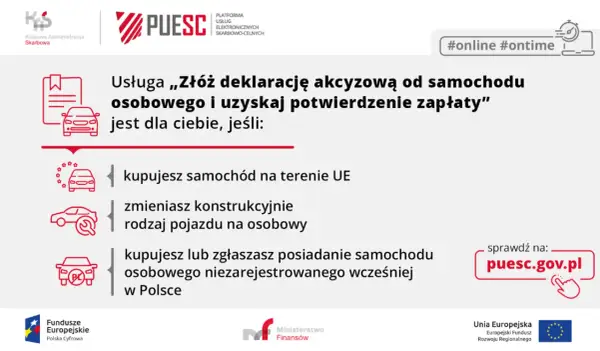 Złóż deklarację akcyzową za samochód osobowy online na PUESC. Dotyczy zakupu auta w UE, zmian konstrukcyjnych lub zgłoszenia pojazdu niezarejestrowanego.