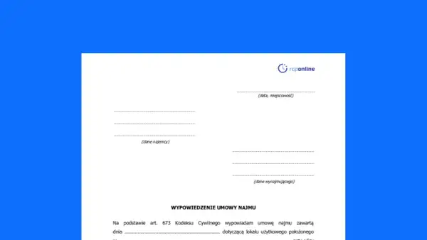 Formularz wypowiedzenie umowy najmu. Dokument zawiera pola na dane najemcy, wynajmującego, datę i miejscowość.